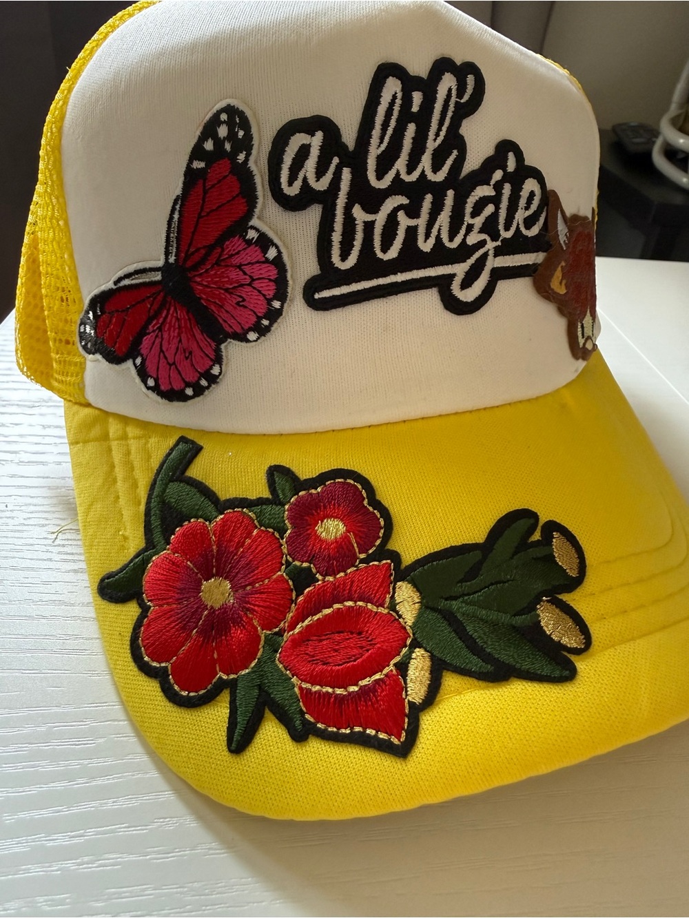 a lil' boujie Yellow White Patch Trucker Hat Cap Cow Butterfly OS - Picture 2 of 3
